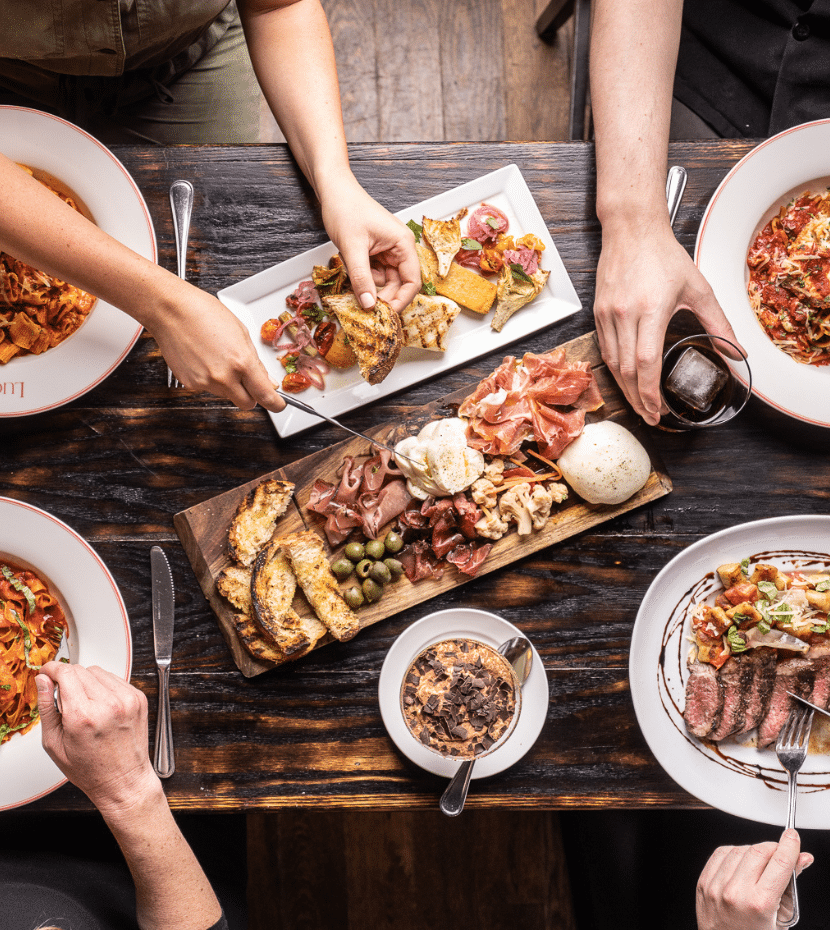 Overhead shot of food inside Luca, an Italian restaurant in Denver.